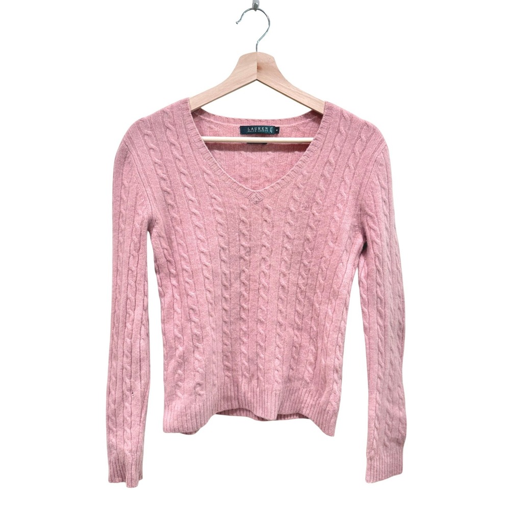Lauren Ralph Lauren Pink 100% Cashmere Cable Knit V-Neck Sweater Medium